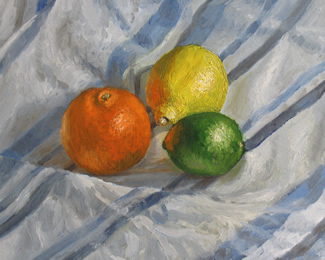 'Citrus' Still life oil painting of lemon, lime and orange by Matthew Allton