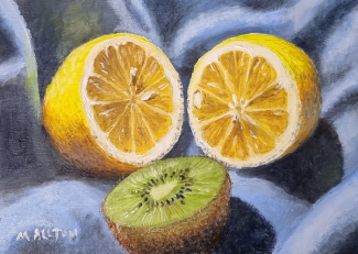 'Lemon and Kiwi Fruit on Blue Cloth' - Still life oil painting by Matthew Allton